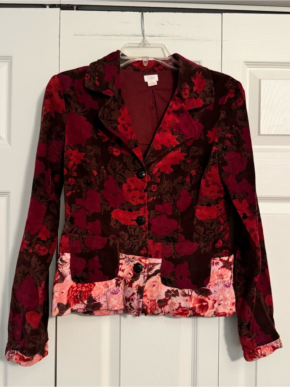 Anthropologie Snak Burgundy and Rose Floral Velvet Blazer